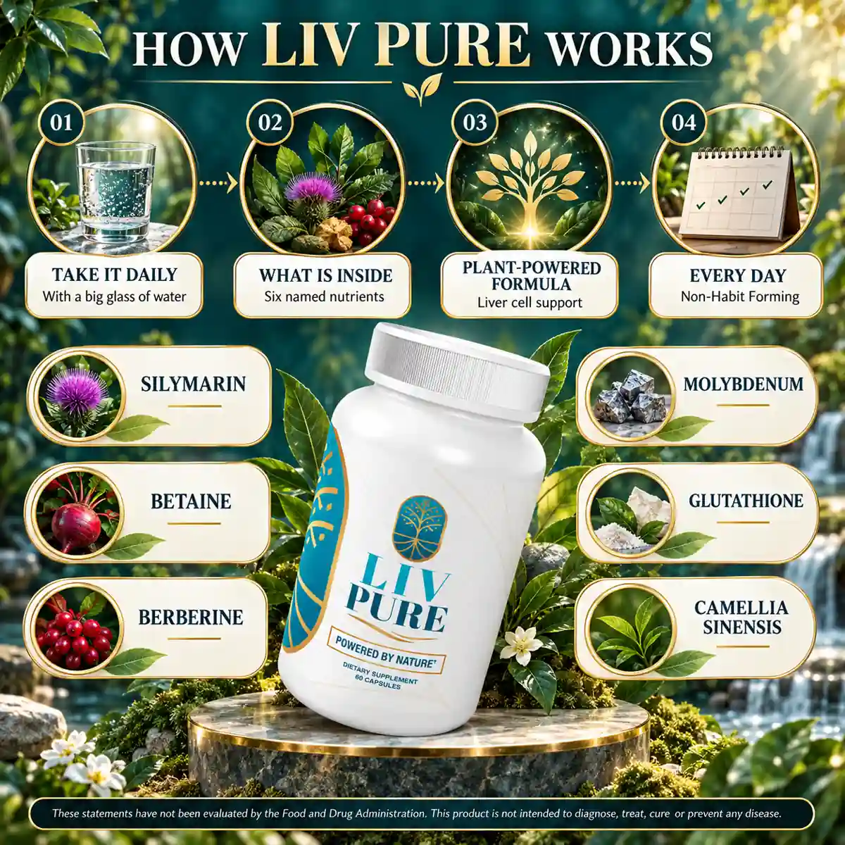 The seller's four-step panel: take it daily with a big glass of water, six named nutrients inside, a plant-powered formula, every day and non-habit forming