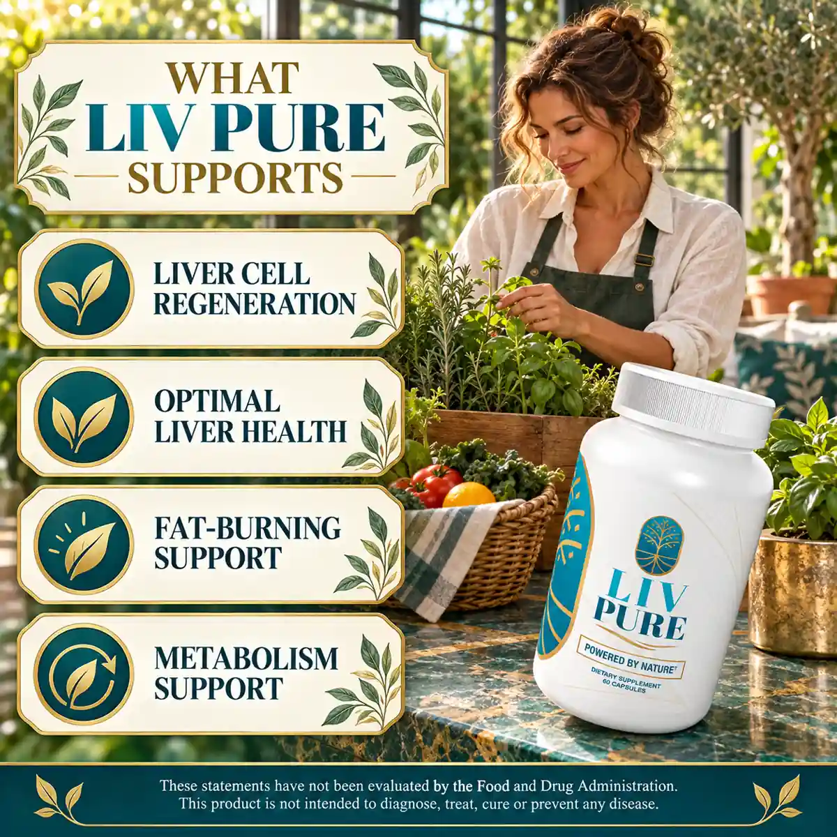 The seller’s own panel listing what Liv Pure supports: liver cell regeneration, optimal liver health, fat-burning support, metabolism support