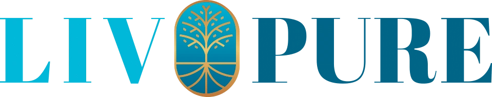 The Liv Pure wordmark lockup, with the gold tree roundel between Liv and Pure